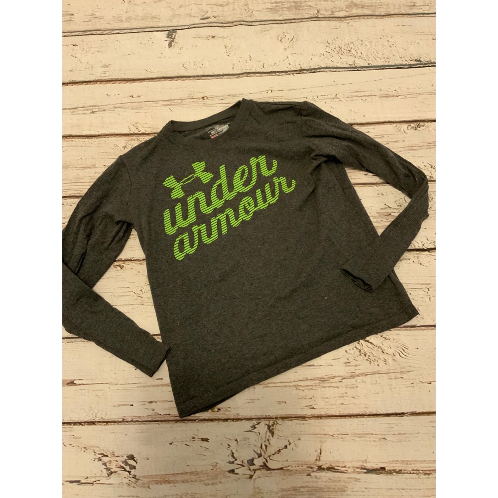 Under Armour Boys HeatGear Long Sleeve Shirt Charcoal Grey Lime Green YMD Loose